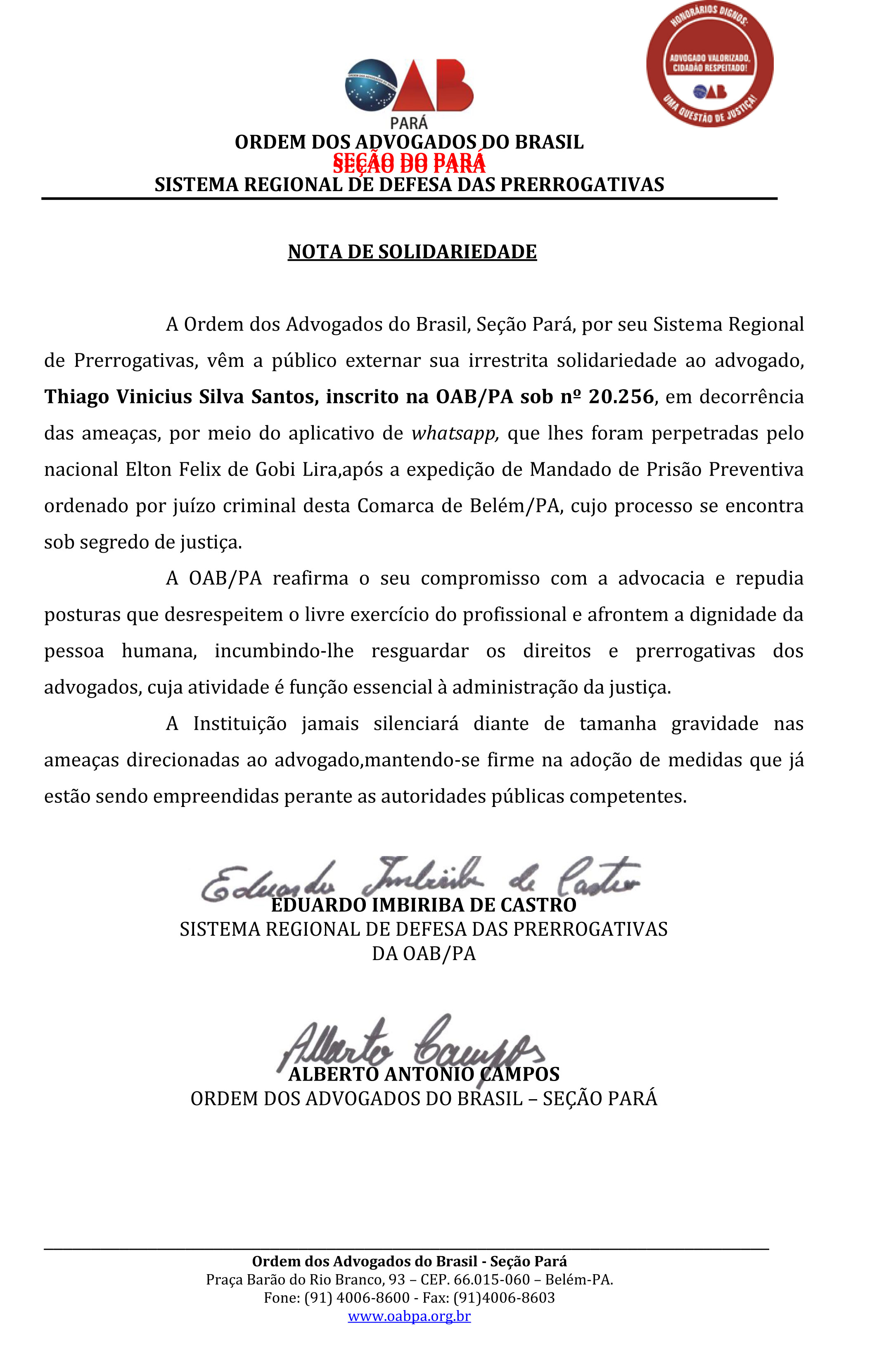 NOTA DE SOLIDARIEDADE DR. THIAGO VINICIUS SILVA SANTOS