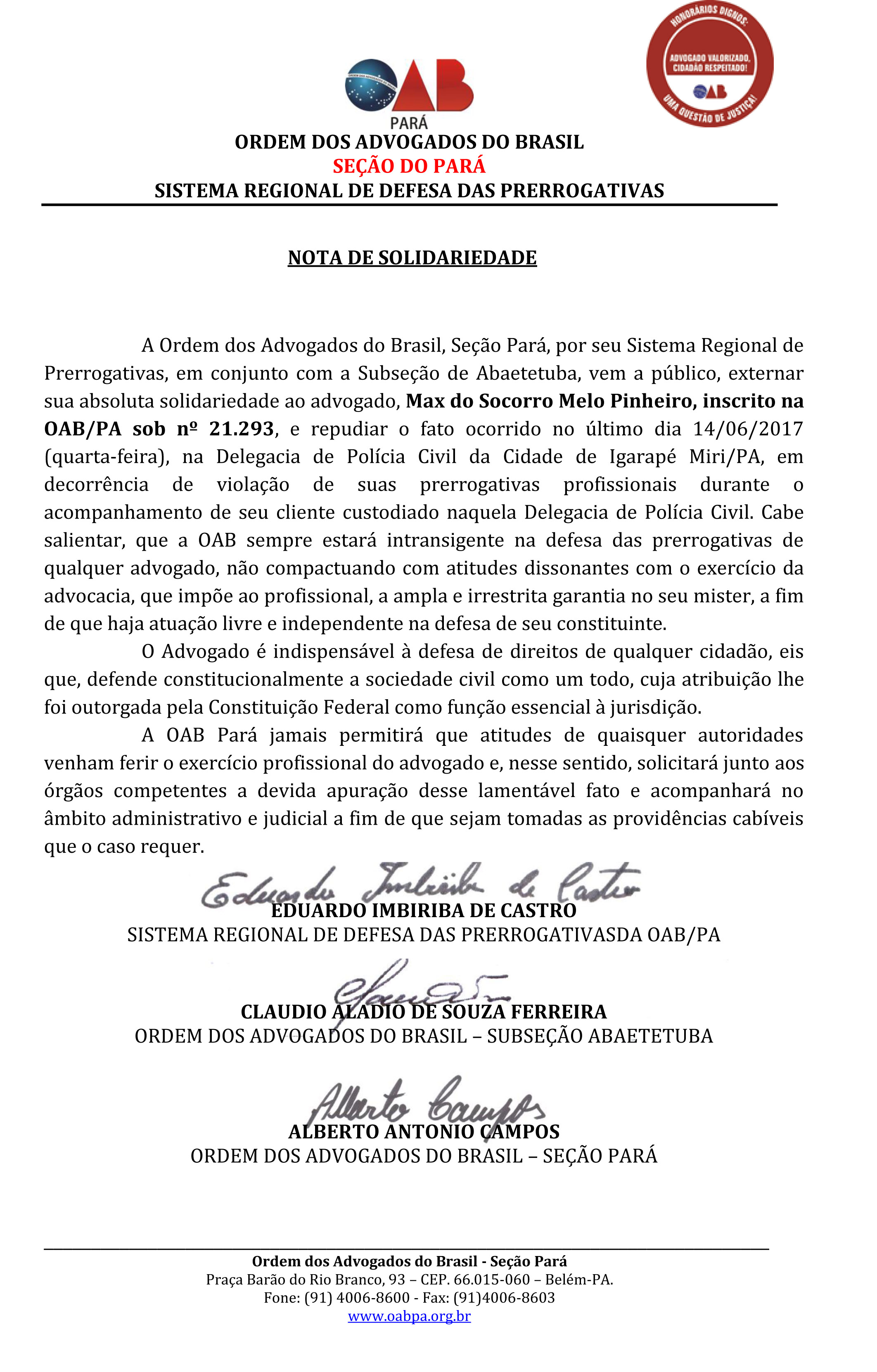 NOTA DE SOLIDARIEDADE DR