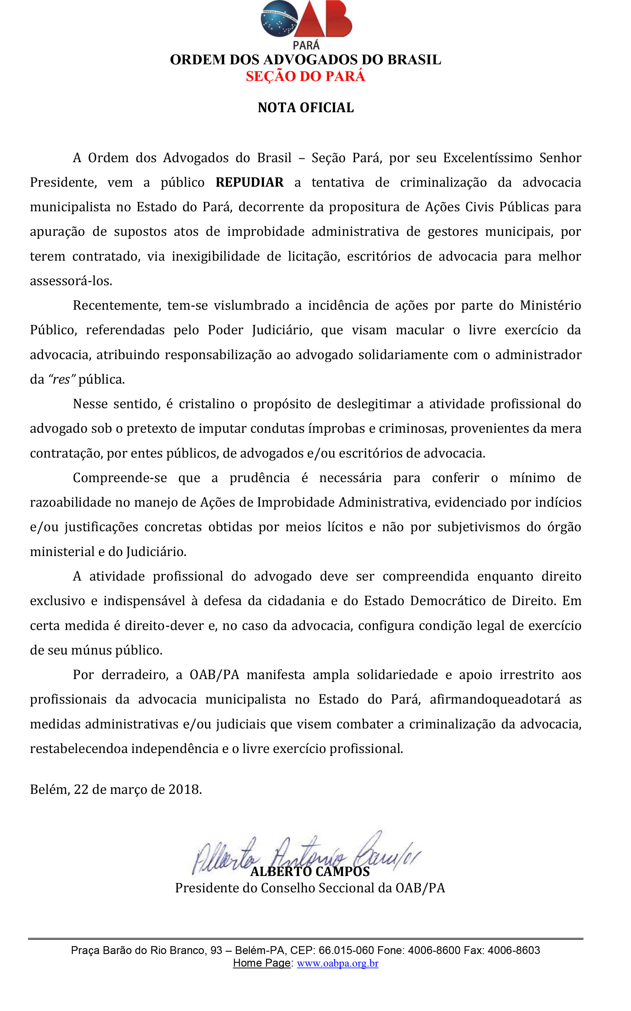 NOTA OFICIAL ADVOCACIA MUNICIPALISTA 